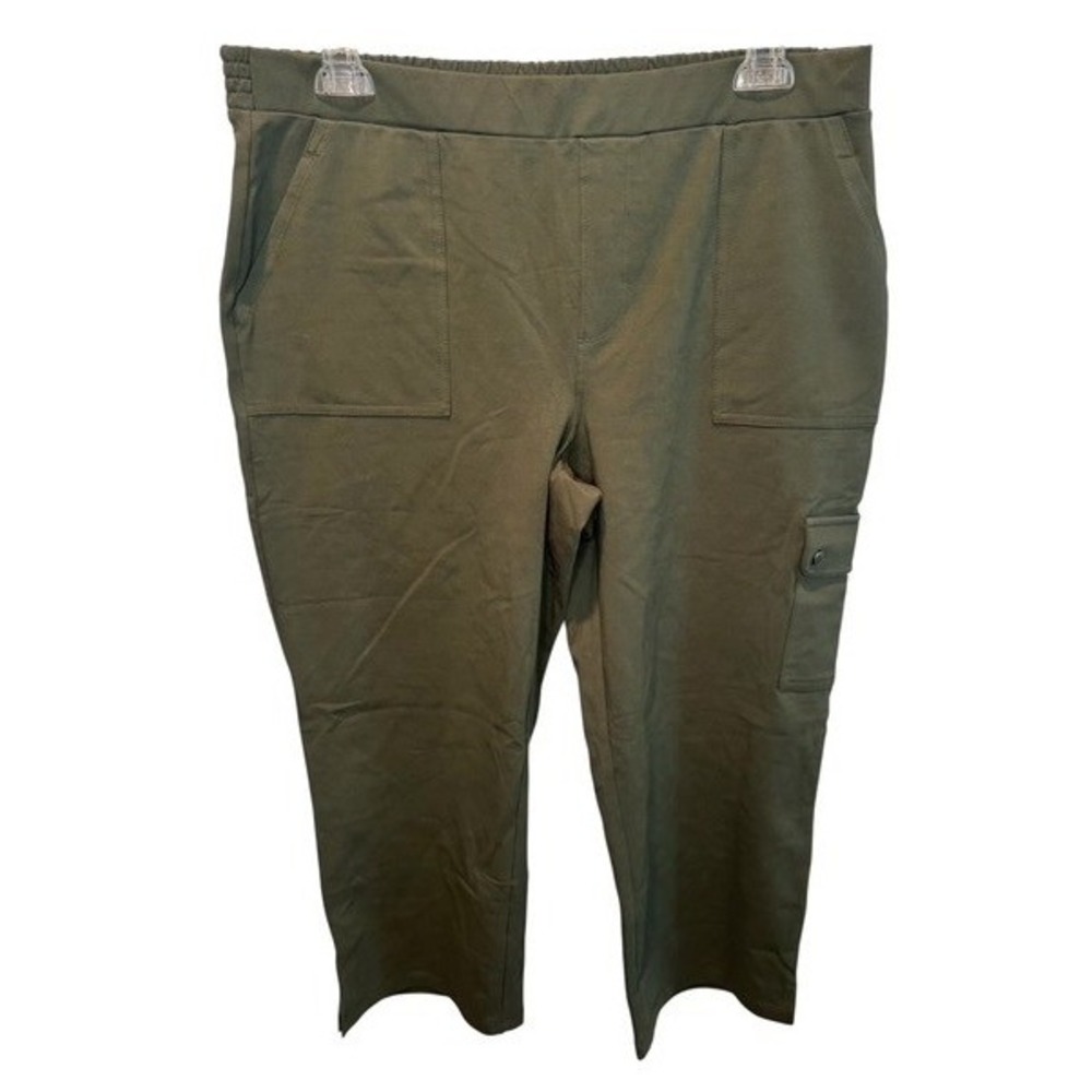 Susan Graver Weekend Olive Green Cargo Capri Knit Pull On Pant Large NEW
